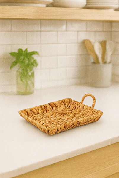 Çavdar Group صينية مربعة صغيرة الحجم من الخوص مع مقبض، صينية محبوكة يدويًا من الخوص