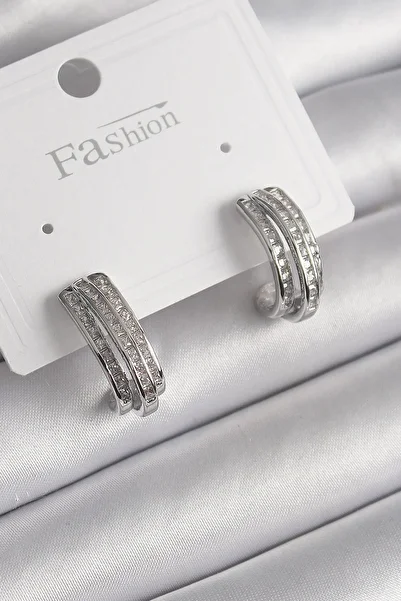 Celira Brass Silver Color Zircon Stone Half Hoop Model Women's Earrings Ns2560