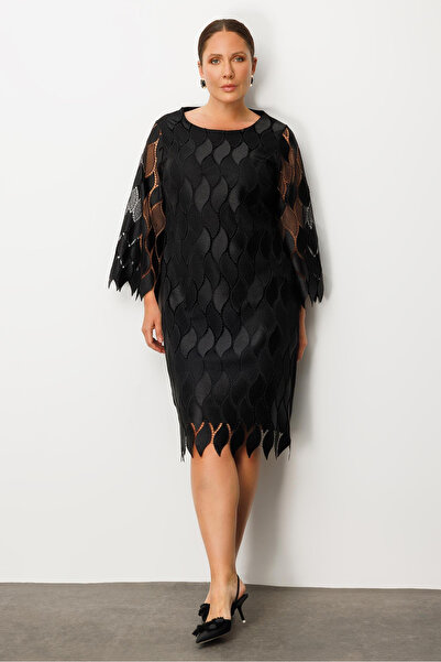Moda İlgi Women's Plus Size Front Guipure Lace Dress 0006 Black