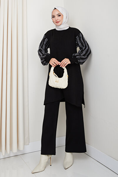 Kirazgym Σετ πλεκτών γυναικείων τοποθέτησερικών ενδυμάτων και πλεκτών παντελονιών με λεπτομέρεια από ατσάλινο πλέγμα με λάμψη στο μανίκι