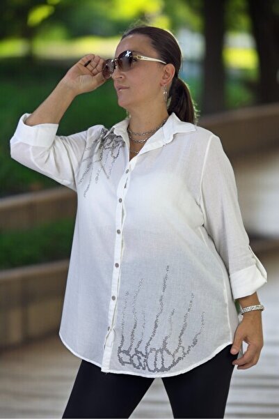 yagmurberen Foldable Sleeve Detail Sequin Embroidery Organic Linen Plus Size Shirt