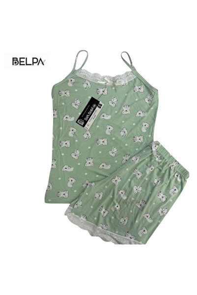 belpa طقم بيجامة نسائي قصير من الخيزران من Sıla Sella - مزين بتفاصيل دانتيل م...