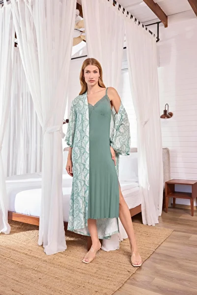 MONAMİSE Women's Ethnic Patterned Lace and Low-Cut Robe Set 25102