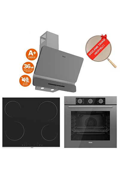 Ferre FryArt&FlowArt Vitroseramik Elektrikli Gri Ankastre Set ( D082-SA Sessiz + MS261 + QXE62CPR )