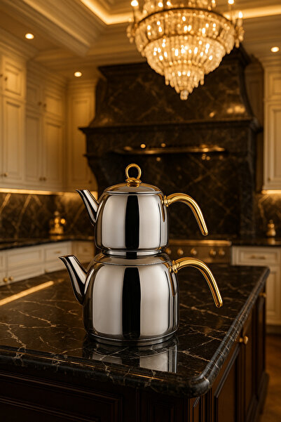 Davet Orta Boy Yaylı Buhar Paslanmaz Çelik Çaydanlık - Gold Kulplu Demlik: 1,...