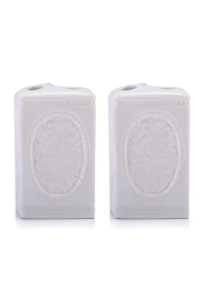 Bosphorus 2 Pieces Pen Holder with Flower Square Model Ceramic Office Supplies 8X8X11Cm