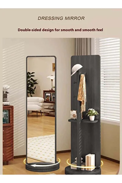 Taimi 360 Degree Rotating Floor Mirror and 2 in 1 Coat Rack for Bedroom and Living Room 166x56cm Grey