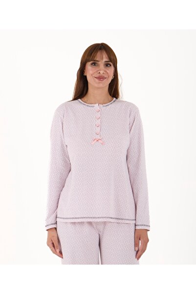 AYSUN TEKSTİL 100% Cotton Full Lycra Long Sleeve Buttoned Karyoca Stitching Detail Sports Women's Pajama Set