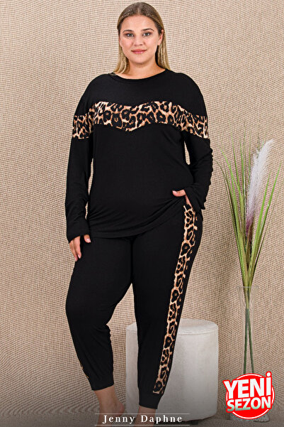 Jenny Daphne Leopard Patterned Cuffed Leg Pajamas Long Sleeve Crew Neck Viscose Fabric Pajamas Set 11420