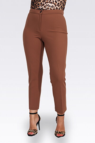 TOLGA SARAÇOĞLU 30083 Camel Narrow Leg Ankle Length Crepe Textured Pants