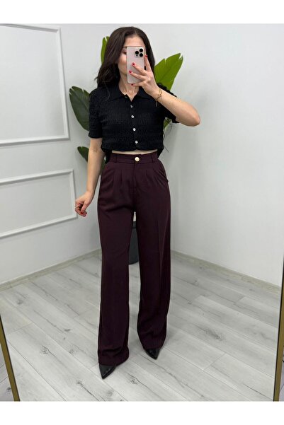 TUNAM BUTİK 1078 Pleated Gold Buttoned Palazzo Pants Burgundy