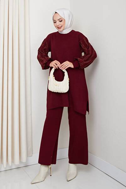 FERHEL Sleeve Glitter Stripe Detailed Steel Knitted Comfortable Fit Women's Tunic and Trouser Knitwear Set