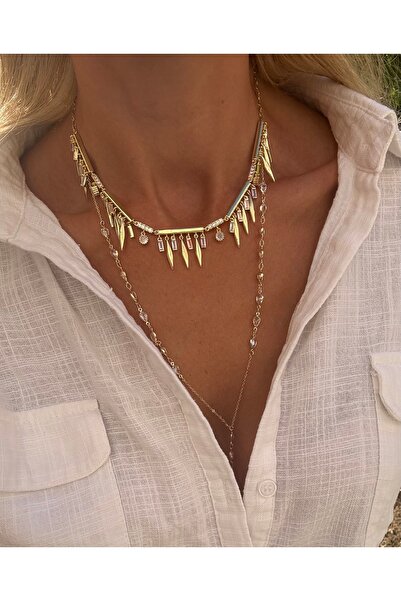 FASHİON JEWELRY Altın Kaplama Tasarım Charmlı Kristal Taşlı Kolye Kararmaz 14K Rengindedir 50cm ayarlanabilir