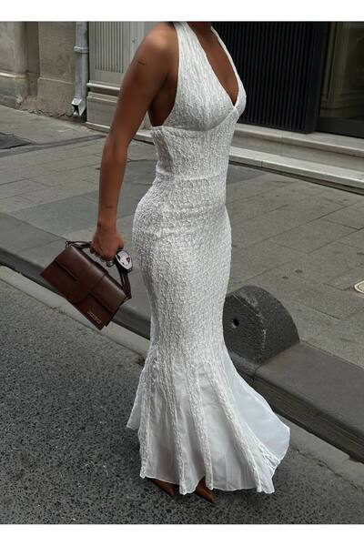 SEVENLINE Kadın Arka Dekolte Detaylı Danteli Astarlı Uzun Elbise