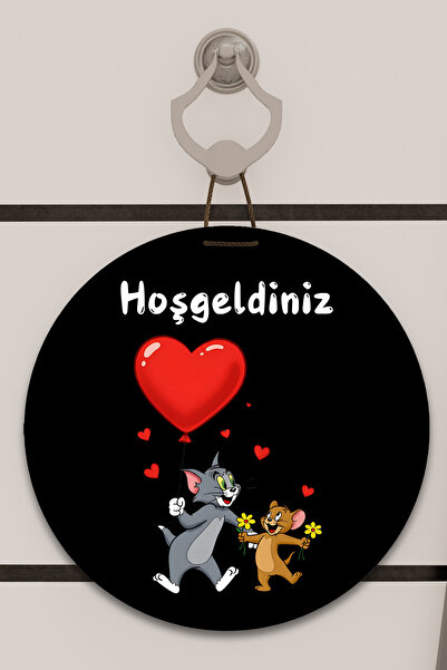 Dormot Dijital Baskı Siyah, Standart, Kalpli Tom ve Jery Temalı, Kapı süsü, Duvar Süsü