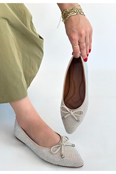 pabucmarketi Beige Satin Embroidered Women's Ballerinas