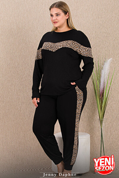 Jenny Daphne Leopar Desenli Manşet Paçalı Pijama Uzun Kollu Bisiklet Yakalı Viskon Kumaş Pijama Takımı 11419
