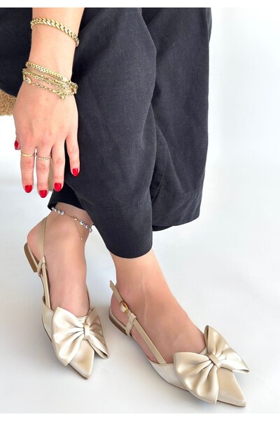 pabucmarketi Beige Satin Women's Low Heel Shoes