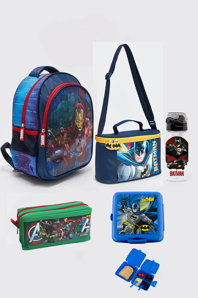 AVENGERS Super Heroes First School Bag Set Lunch Box Water Bottle Pen Holder Lunch Container Set of 5