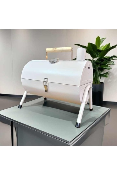 FOXMAG24 Φορητή διπλή σχάρα, μεταλλική, δροσερή ξύλινη λαβή, 38x25x38cm, κυκλική, εύκολο καθάρισμα, λευκό