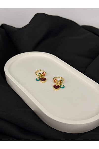 Duera Gold Renkli Kalp ve Nazar Boncuğu Figürlü Halka Küpe