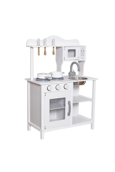 PROCART Wooden and MDF kitchen for children, microwave, sink, shelves, cooking utensils, 60x30x85 cm, white