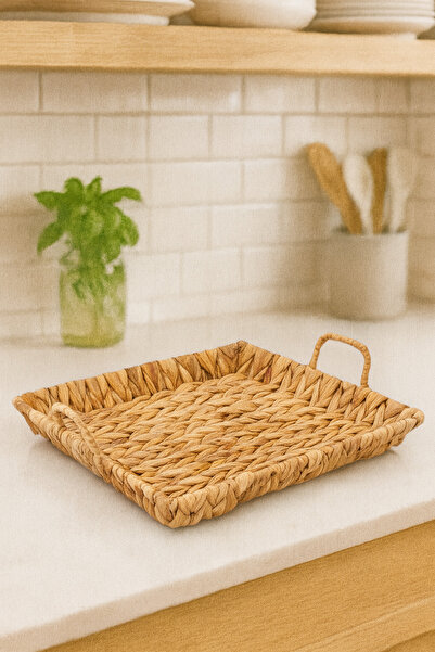 Çavdar Group صينية مربعة كبيرة الحجم من الخوص مع مقبض، صينية محبوكة يدويًا من الخوص