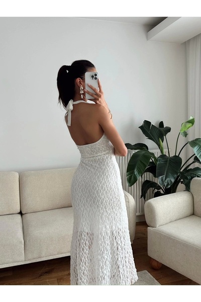Zoom Butik Boyun Bağlamalı Dantel Elbise - BEYAZ