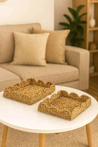 Çavdar Group 2'li Hasır El Örgüsü Tepsi 2 Adet Kare Düzenleyici Hasır Sepet