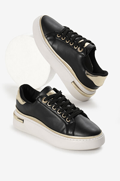 Tonny Black Women's Black Thick Poly Sole Gold Detailed Lace-Up Sports Shoes