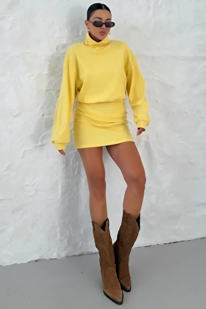 MODAGEN Women's Yellow High Neck Elastic Waist Interlock Mini Dress