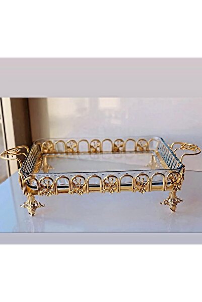 AZADE BAKIR GOLD PİRİNÇ JAPONGÜL DALGALI DİKDÖRTGEN BORCAM CAM SUNUMLUK