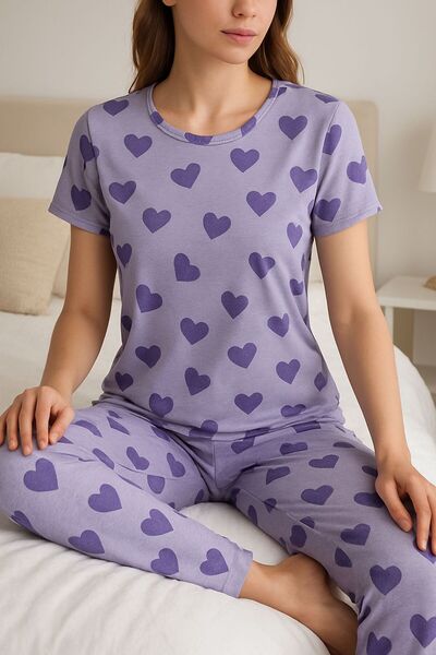 STELLAPİNK KALP BASKILI KISA KOL PAMUKLU PİJAMA TAKIMI - MOR