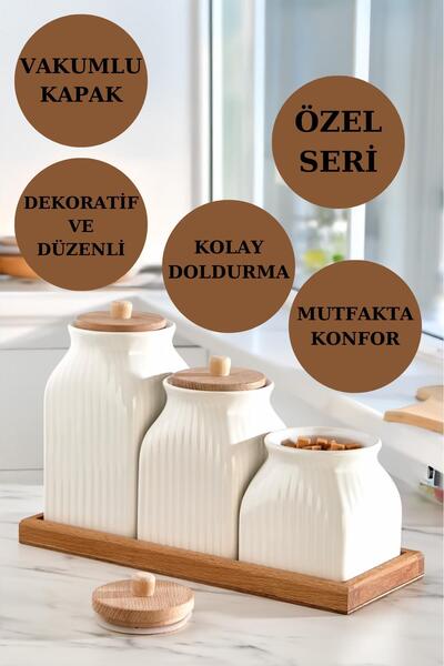 İLİVA 4'Lü Standlı Vakumlu Ahşap Kapaklı Beyaz Kavanoz Seti Takımı Baharat Çay Tuz Şeker Kahve Kavanozu