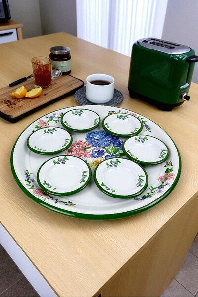 İnci Emaye 7 Piece Large Size Jasmine Patterned Enamel Breakfast Set, Presentation Plate, Breakfast Plate, Jam Bowl, Dowry
