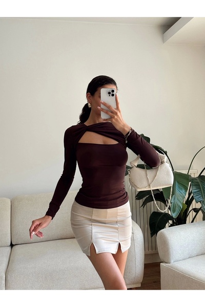 Zoom Butik Göğüs Pencere Kruvaze Bluz - KAHVE