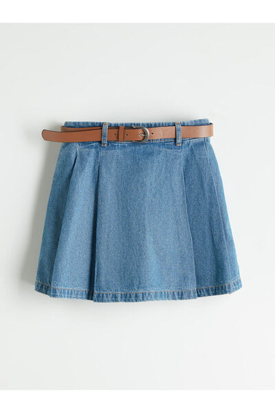 LC Waikiki LCW Kids Indigo Beli Lastikli Pileli Kız Çocuk Jean Şort Etek