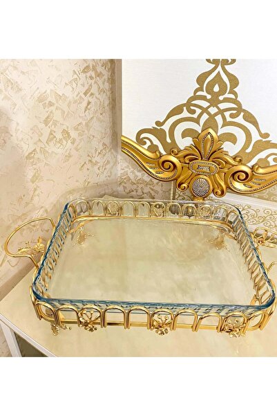 AZADE BAKIR GOLD PİRİNÇ JAPONGÜL DALGALI DİKDÖRTGEN BORCAM CAM SUNUMLUK