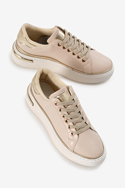 Tonny Black Women's Beige Thick Poly Sole Gold Detailed Lace-Up Sports Shoes