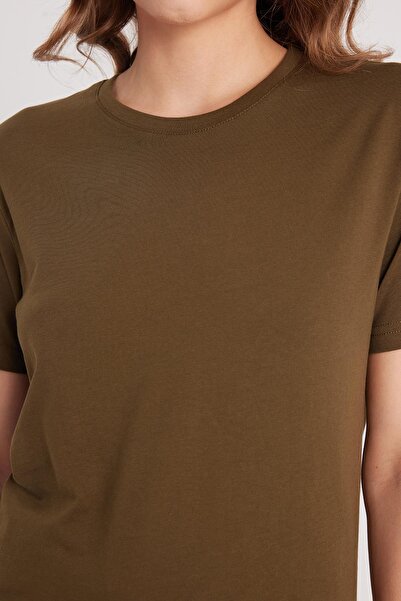 Tudors Γυναικείο μπλουζάκι με λεπτή εφαρμογή, 100% βαμβακερό, μαλακό υφή, χακί μπλουζάκι με λαιμόκοψη