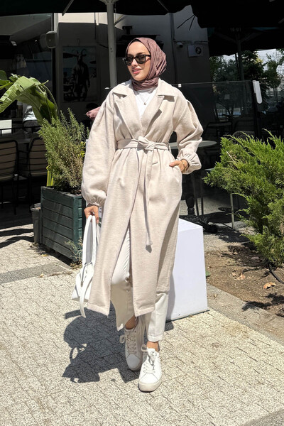 Tesettür Diyarı Kadın Balon Kol Astarsız Tesettür Kaban- Bej