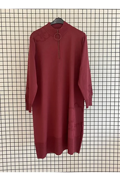 Armine Knitted Patterned Zippered Stand Collar Knitwear Tunic