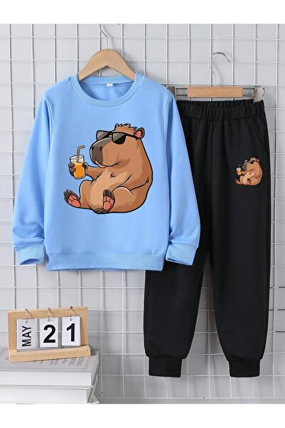 buendiakids Kız\Erkek Çocuk Bebemavi\Siyah Cool Gözlüklü Capybara Baskılı Bisiklet Yaka Eşofman Takımı