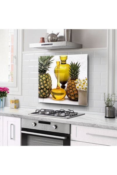 DreamHomes Kitchen Glass Stove Back Protector |   Pineapple and Daisy Pattern