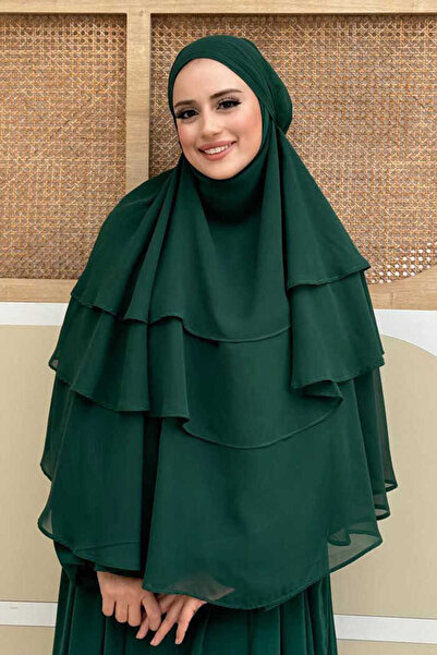 Bym Fashion Peçeli 3 Katlı Şifon Sufle Şal 6012 Zümrüt