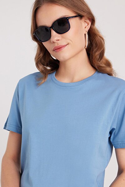 Tudors Γυναικείο μπλουζάκι με λεπτή εφαρμογή, 100% βαμβακερό, μαλακό μπλε μπλουζάκι με λαιμόκοψη