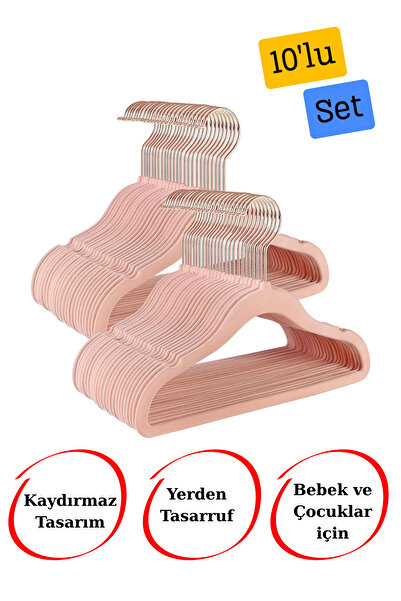 incy style 10'lu Kadife Kaydırmaz İz Bırakmaz Dönen Kancalı Pembe Çocuk Elbise Askısı