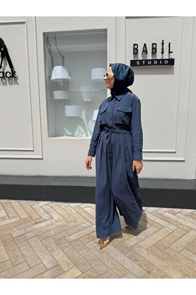 Venöve Women's Jumpsuit with Shoulder Chain Detail, Navy Blue