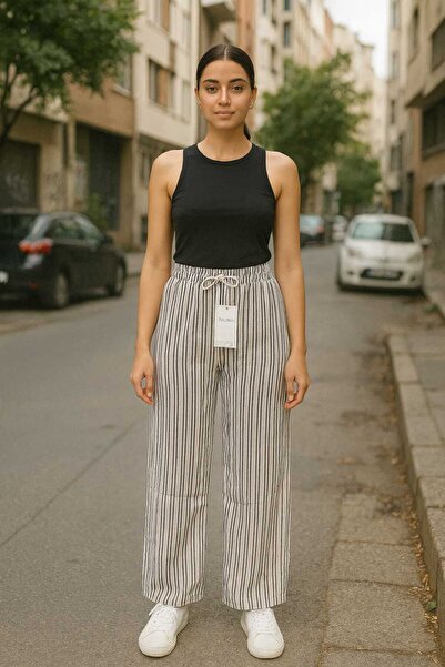 ECK MODA Women's Linen Striped Trousers with Pocket Detail and Elastic Waist