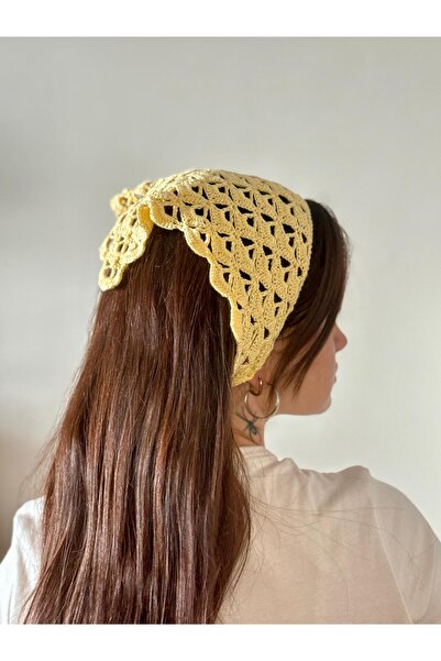 MELUSH Sarı Renkli Desenli El Yapımı Kroşe Örgü Bandana